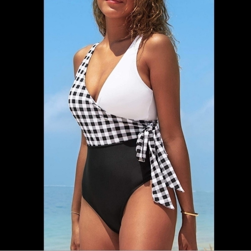 Cupshe Black White Gingham Plaid Colorblock Tie Waist One Piece Swimsuit Small S